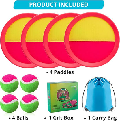 Beach Games, Outdoor Toys for Kids Ages 4-8, Toss and Catch Ball Set, with 4 Paddles 3 Balls, and 1 Storage Bag, Beach Toys Easter Gifts for Kids -2 Pink + 2 Blue