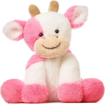 Hopearl Adorable Plush Cow Toy Floppy Dairy Cattle Soft Stuffed Animal Cute Birthday Gifts for Boys Girls Kids Toddlers, Strawberry Pink, 9''