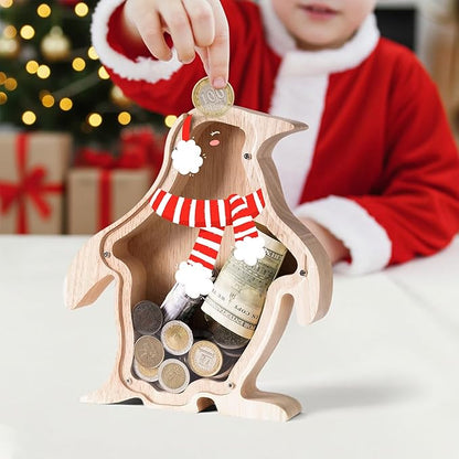 Wooden Christmas Piggy Bank for Kids, Adorable Penguin Piggy Bank with Acrylic Panels, Unbreakable Toddler Money Box for Boys Girls, Cute Saving Coin Jar for Birthday, Decor