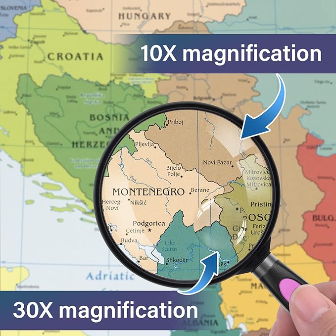 Feosky Handheld Reading Magnifier, 10X 30X Magnifier, 75mm Shatterproof Lens, Non-Slip Handle for Adults Close Work, Seniors Reading and Kids Nature Exploration, Hobby Observation(Purple/Black)