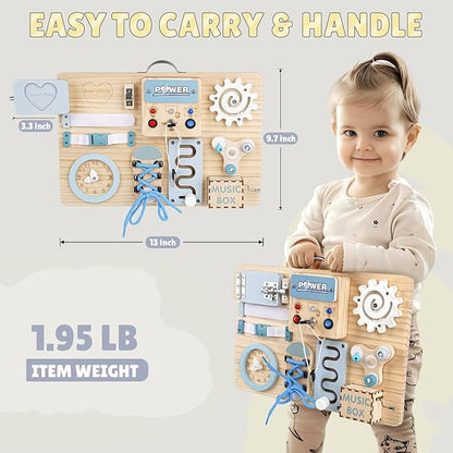 Joyreal Montessori Busy Board with LED Lights, Autism Sensory Travel Toys, Fidget Board Ideal Gift for Boys Girls Wooden Toddler Toys