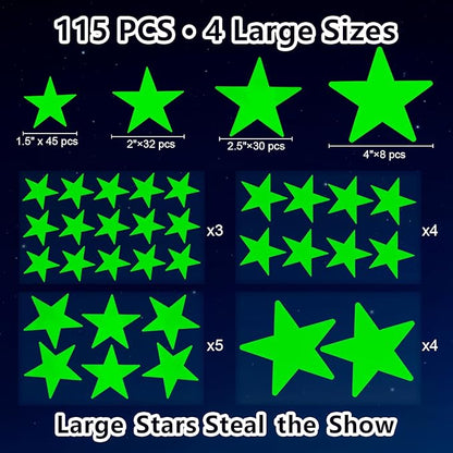 AOWDIAO Glow in The Dark Large Star Stickers – 115 Pcs (4 Sizes, 1.5‑4 in) – Luminous Ceiling & Wall Decals for Kids’ Bedroom, Nursery, Party Decor