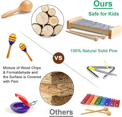 LOOIKOOS Toddler Musical Instruments International Natural Wooden Music Set for Toddlers and Kids - Eco Friendly Preschool Educational Musical Toys with Storage Bag