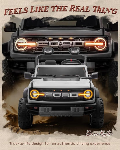Licensed Ford Bronco Raptor 24V 2 Seater Kids Ride on Toys, Battery Powered Electric Ride on Car, Remote Control Electric Car w/Led Lights, Music, High Low Speed (24V, White)