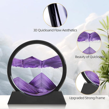 Moving Sand Art Liquid Motion, 3D Deep Sea Sandscape Color Quicksand Decor, Round Glass Moving Sand Art Picture Relaxing Desktop Home Office Work Decor (Purple, 7 inch)