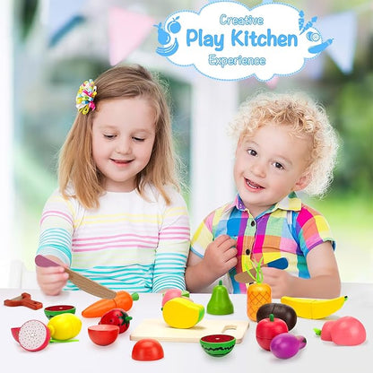 Wooden Play Food Sets for Kids Kitchen - Cutting Fruits and Veggies Toddler Toys Pretend Food Play Kitchen Accessories Montessori Educational Toys Gifts for Kids Boys Girls 3+