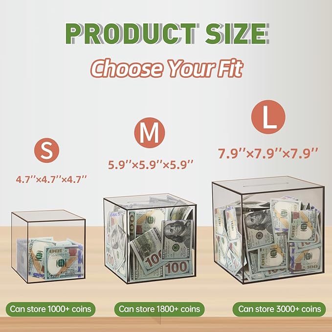 Clear Piggy Bank for Adults/Kids, Acrylic Unopenable Money Box for Cash Coin Saving, Must Break to Open, Money Saving Jar for Adults Boys Girls, Size 7.48''