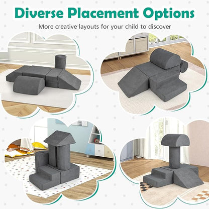 Costzon Toddler Climbing Toys Indoor, 6 Pieces Foam Climbing Blocks for Baby Inside with Skin-Friendly Chenille Fabric, 30D High-Density Foam & Carrying Handles, Soft Play Climbing for Toddlers (Gray)