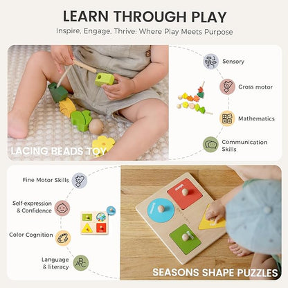 Tiny Land Montessori Toy Set for Babies 18-24 Months Investigator Play Kit- 4-in-1 Wooden Learning Toys with Color Sorting, Lacing Beads, Shape Matching, and Seasons Puzzles