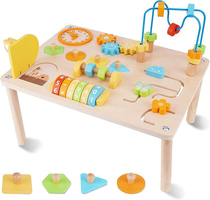 ATOYUS Activity Table for 1 2 Year Old, 8 in 1 Wooden Montessori Activity Center Toys for Toddlers 1-3, Kids Sensory Game Play Table, 1st Christmas Birthday Boys Girls Gifts for 12 Months+ Baby