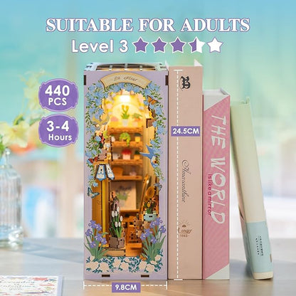 MOMIBOOK Book Nook Kit, 440 PCS DIY Miniature Dollhouse Kit for Adults, 3D Wooden Mini Puzzle Booknook Bookend Bookshelf Decor, Tiny House Model, Christmas Birthday Gifts, Fragrance Florist