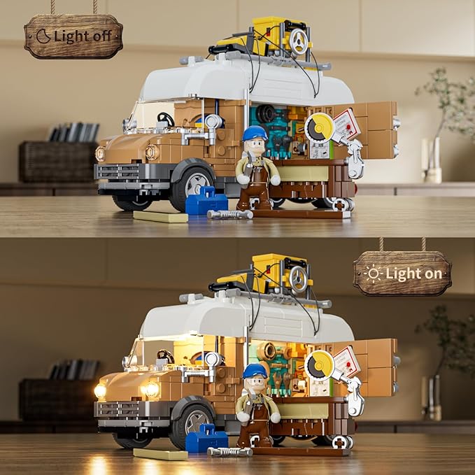 FUNWHOLE Carpentry Van Lighting Building-Bricks Set - Farm Woodworker Car Collectible Display Set 496 Pcs for Adults and Teen