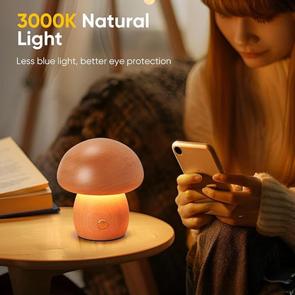 Wooden Mushroom Lamp, Portable Cordless Rechargeable Battery Operated Lamp,Stepless Dimming, Night Light for Birthday Gifts