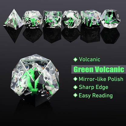 DNDND Emerald Volcanic Sharp Edge Dice Set - 7PCs Green Lava Flow Polyhedral Dice for D&D, RPG Metal Case Gift with Clear Numbers