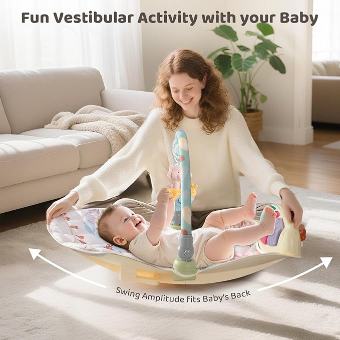 Baby Play Gym Mat with Multifunction Piano Music Box, Rocking Egg-Shaped Baby Activity Gym, Baby mat for floor with 4 Hanging Sensory Baby Toys, Early Sensory Development Play Mat for Infant & Newborn