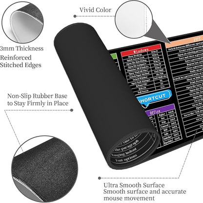Excel Mouse Pad，Excel Cheat Sheet Desk Pad，Gaming Mouse Pad, Non-Slip Rubber Base Mousepad, Stitched Edges, 31.5x11.8 inch for Home Office