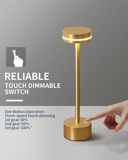 PUSU Cordless Table Lamp Set of 2, Battery Powered LED Desk Lamp Portable Table Lights 3-Level Brightness Touch Control, Lighting for Home Office Bedroom Hotel Restaurant Outdoor Night Light(Gold)