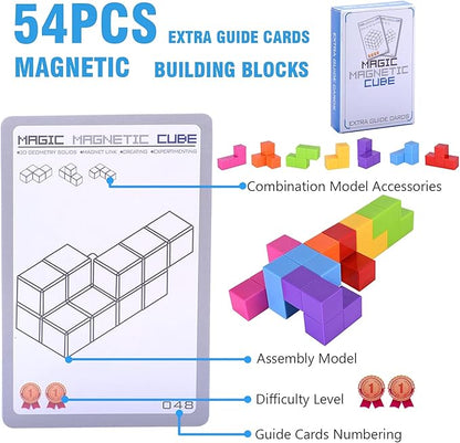 WorWoder Kids Magnetic Building Blocks Magic Magnetic 3D Puzzle Cubes, Set of 7 Multi Shapes Magnetic Blocks with 54 Guide Cards, Intelligence Developing and Stress Relief Fidget Toys for Kids(Pink)