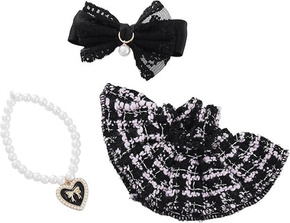 17cm Doll Clothes Set & Dolls Outfit 3-Piece Handmade Doll Clothing Set with Dress Necklace and Bow Accessories for 17cm Plush Dolls, Clothes Only, No Doll Included (Black)