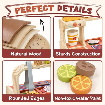 Lehoo Castle Wooden Play Food Sets, Play Hamburger Counter Shop, Toy Food for Toddlers, Play Food Sets for Kids Kitchen, Fake Food Pretend Play for Toddlers 3-5