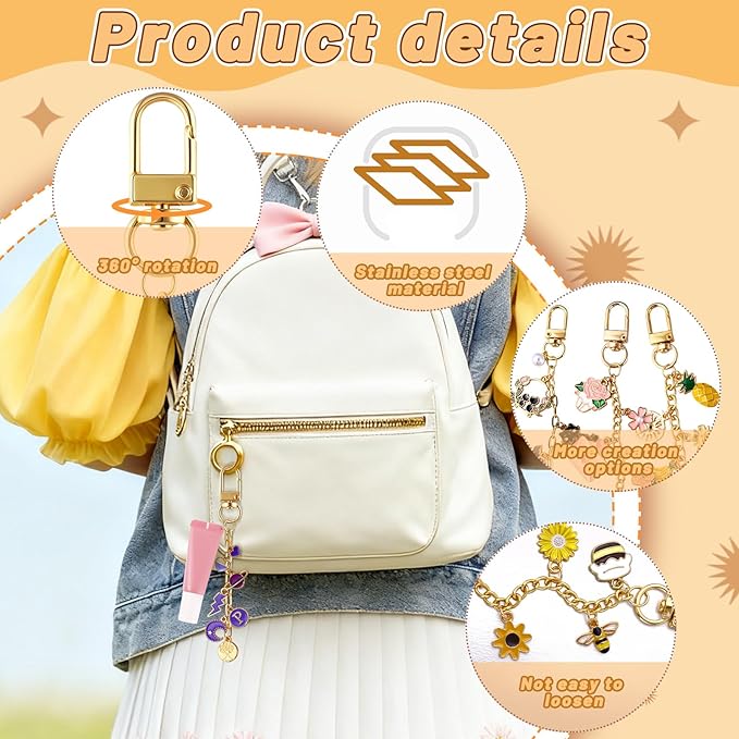 Wurosi 24 Set Lip Gloss Keychain Making Kit, Gold Keychain Clips Hooks with Extender Chain, Cellophane Bags, Thank You Cards, 5M Hemp Rope, for DIY Key Chain Making Crafts