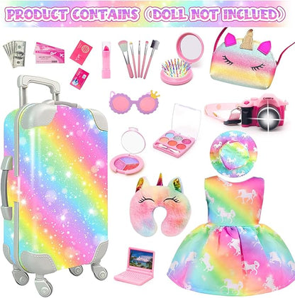 American 18 Inch Doll Accessories Travel Set Brilliant Colors Including Suitcase Luggage and Dress with Hat, Camera, Makeup Sets Dolls Travel Gear Play Set Gift for Birthday (NO Doll)