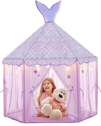 Princess Tent for Girls with Lights, Large Pretend Play Tent Castle w/Carry Bag & Stickers & Detachable Fishtail Top Indoor Outdoor, 67”x55” Ocean-Theme Kids Playhouse Gift for Toddler Age 3+