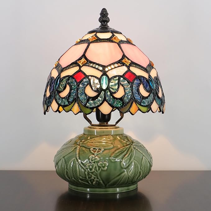 Small Tiffany Lamp Mushroom Table Lamp, Mini Stained Glass Desk Light Memory Sympathy Ceramic lamp 8X11 Inch (Pink Baroque Style)