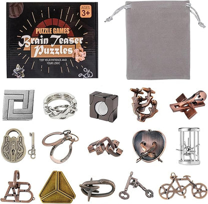 VolksRose 15pcs Brain Teaser Puzzles, Metal Wire Puzzles Set, Mind Smart Game IQ Challenge Puzzle Games, Educational IQ Test Unlock Interlocking Toy Lock Puzzles Gift for Adults Teenagers