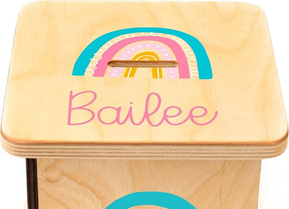 Wooden Piggy Bank for Kids and Adults, Personalized Gift Handmade in USA by BloomOwl, Custom Piggy Bank, Personalized Banks for Kids, Gifts for Baby Boys and Girls (Rainbow)