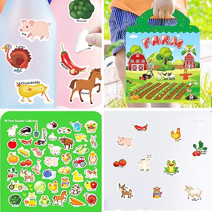 Reusable Sticker Book for Kids, Farm Stickers Educational Learning Toys Travel Stickers Activity Books for Toddler Girls Boys Age 3+ Birthday Gifts