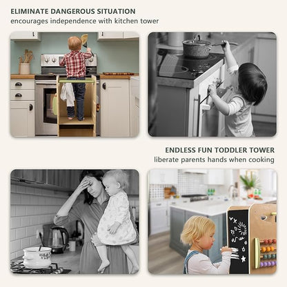 Wooden Toddler Tower Adjustable Height Step Stool, Toddler Kitchen Stool Helper with 8 Fun Learning Activities (Chalkboard, Slide, Bead Maze, Xylophone)
