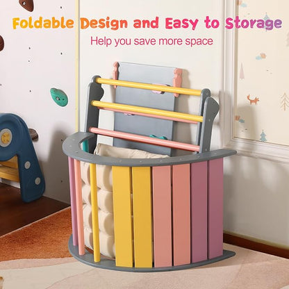 Pikler Triangle Set with Cushion Large, 5 in 1 Toddler Climbing Toys Indoor, Montessori Foldable Climbing Set for Kids, Wooden Playground Jungle Gym with Ramp, Arch and Ladder(Color-A)
