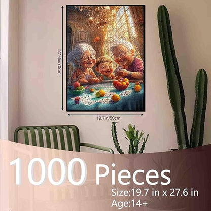 Happy Elderly Couple Playing Poker with Grandson 1000 Piece Jigsaw Puzzle for Adults Students Colorful Cards Fruit Living Room with Chandeliers Sunlight Large Windows 20×27 Inches Fun Home Decor
