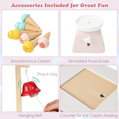 HONEY JOY Kids Ice Cream Cart, Wooden Grocery Store Playset w/6 Pieces Play Food, Realistic Bell & Food Scale, Chalkboard, Pretend Play Dessert Shop Counter Stand Truck, Gift for Boys Girls