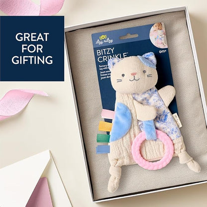 Itzy Ritzy - Bitzy Crinkle Sensory Toy Kitty with Crinkle Sound for Babies & Toddlers - Features Soft Braided Teething Ring & Textured Ribbons, Designed for Ages 0 Months and Up, Kitty