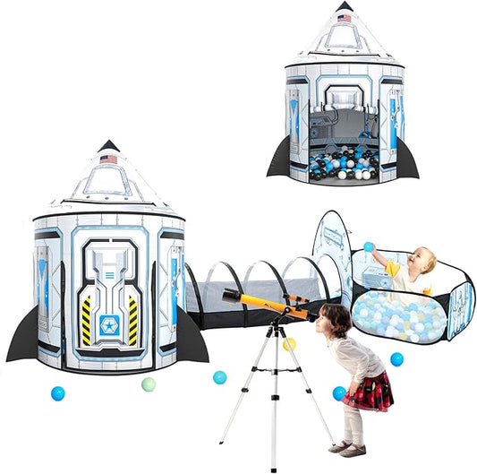 3pc Kids Play Tent for Girls with Ball Pit, Crawl Tunnel, Princess Tents for Toddlers, Baby Space World Playhouse Toys (3PC White Rocket Play Tent)