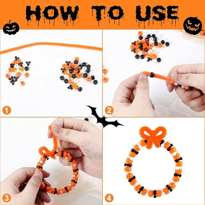 Hicarer 1250 Pieces Halloween Pony Beads DIY Kit Including 600 Pieces Halloween Crafts Pony 600 Pcs TRI Beads 50 Pcs Chenille Stems for Decor