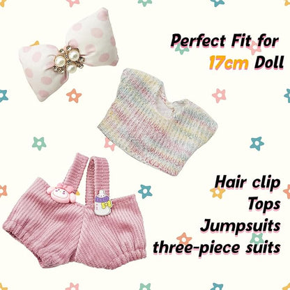 Clothes for 17cm Doll, 3 PCS Cute Pink Hair Clip & Jumpsuits Set, Dress up Outfit Exquisite Accessories for Dolls