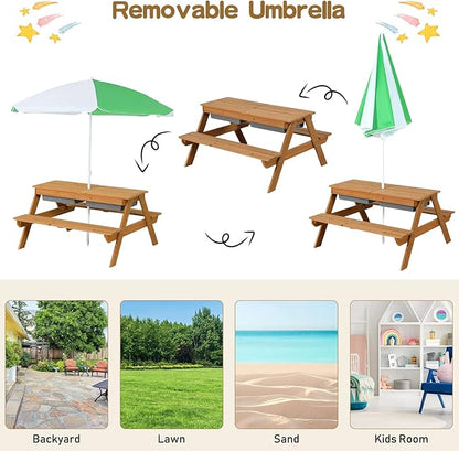 Costzon Kids Picnic Table with Sensory Bins, 4 in 1 Sand and Water Table with Height Adjustable Umbrella, Removable Tabletop for Outdoor Backyard Patio Play