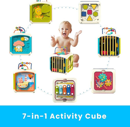 PlenPLAY 7-in-1 Activity Cube for Toddlers 1-3 - Educational Toy with Shape Sorter, Abacus, Xylophone, Peekaboo, Slides, and Gears - Sensory Toys for Toddlers 1-3