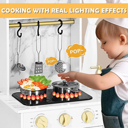 JOYLDIAS Play Kitchen, Wooden Kids Play Kitchen Playset Chef Pretend Play Set for Toddlers w/Ice Cube Dispenser, Oven, Cooking Accessories,Trendy Home Style w/Curtains, Storange Box, Gift for Ages 3+