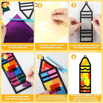 32 Sets Back to School Crayon Suncatchers Craft Kit DIY Window Stained Glass Effect Crayons Paper Crafts for Home School Classroom Decoration Kid Birthday Gifts Creative Art Projects Activity Game