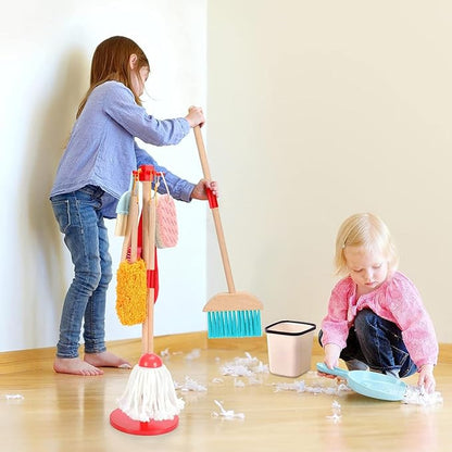 WHOHOLL Wooden Kids Cleaning Toy Set Toddler Broom and Dustpan Set for Housekeeping 9 Pcs Broom and Mop Set for Toddlers 3-5, Baby Cleaning Toys with Sponge, Birthday Gifts for Boys and Girls