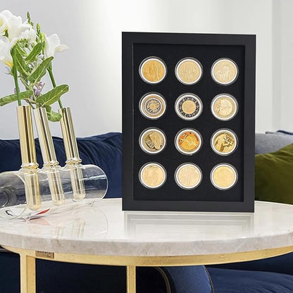 Wooden Challenge Coin Display Shadow Box,12 Coin Display Case,Military Coin Holder Display,Casino Chip Display Case Cabinet Holder,Collector Coin Display Frame ,98% UV Protection,with HD Glass.