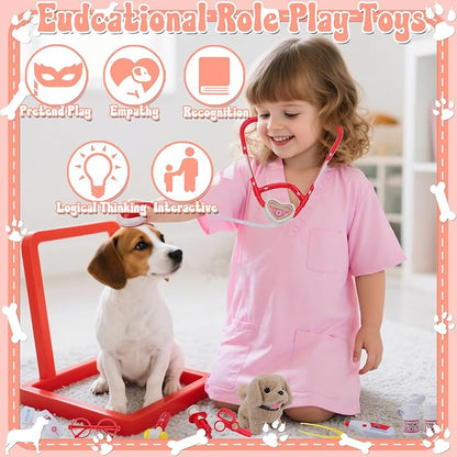 TEUVO Toy Doctor Kit for Girls - Pretend Play Doctor Sets with Dog Toy, Carrying Bag, Stethoscope Toy & Dress Up Costume - Doctor Play Gifts for Kids Toddlers Ages 1 2 3 4 5 6 7 Year Old for Role Play