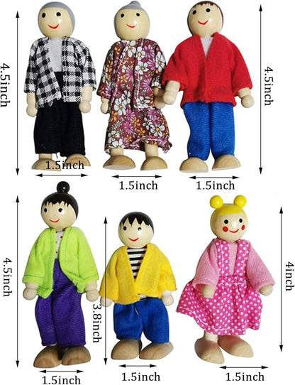 Wooden Dollhouse People, 6 Family Figures Miniature Doll House, Wooden Doll House Family Dress-up Characters Grandpa, Grandma, Mom, Dad, Boy and Girl