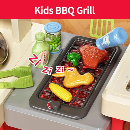 Kids Kitchen Playset, Play Kitchen with Stove, Grill, Sink, Play Food, ToyKitchen Accessories, Cooking Kitchen with Lights Sound Steam, Pretend Play Toys for Kids Toddler