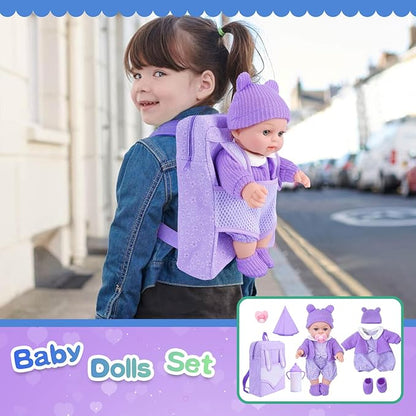 ZNTWEI 12 Inch Backpack Baby Doll Playset with Washable Dolls and Accessories Includes Backpack, Bottles, Nipple, Blankets, Hats, Clothes, Socks First Baby Dolls for Toddlers 3 Years and Up