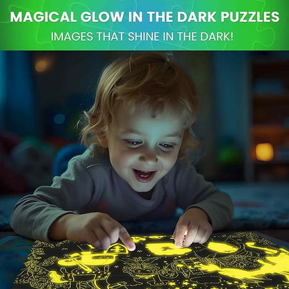 QUOKKA 4x100 Piece Puzzles for Kids Ages 6-8 – Glow-in-The-Dark Puzzles for Kids 8-10 – Space, Dinosaurs, Animals – Fun Educational Puzzle for Boys & Girls – Learning Games & Space Toys Gift for Kid